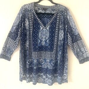 Lucky Brand Sz 2X Blue Tunic Top Cotton Linen Blend Boho Hippie Festival Floral